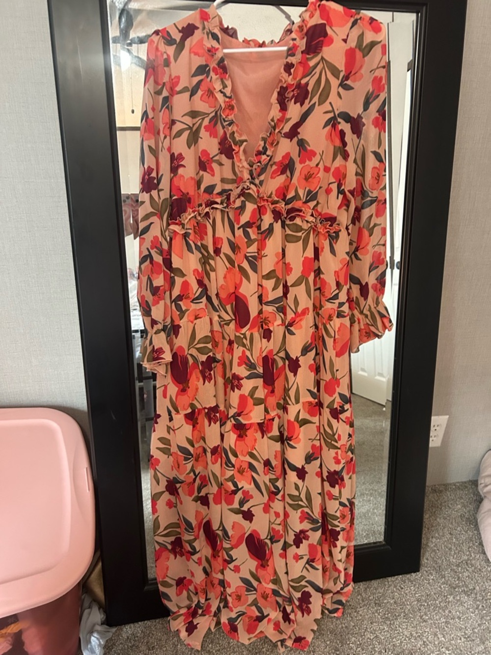 Floral Ruffled V-Neck Maxi Dress - Peach Floral